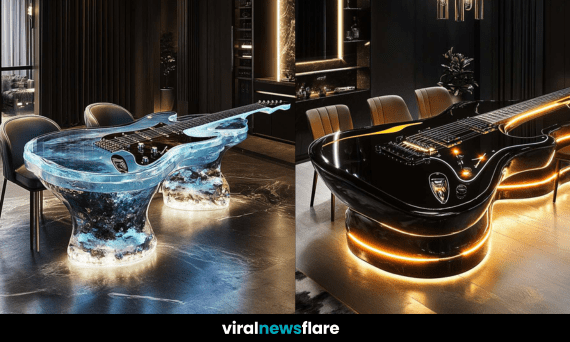 A stylish guitar-shaped dining table in a contemporary dining space, blending music-inspired design with functionality.