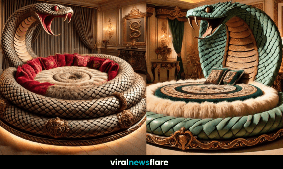 A luxurious round bed with a towering cobra headboard, featuring plush red and gold cushions in an opulent bedroom setting.