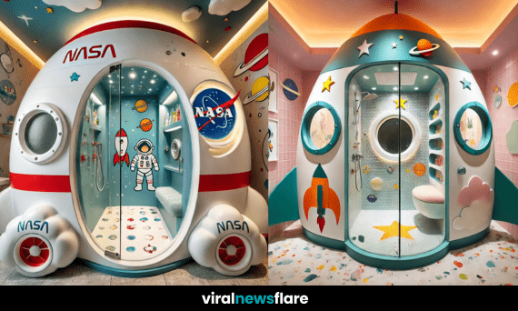 A rocket-inspired bathroom with a space theme, featuring a shower pod resembling a spaceship.