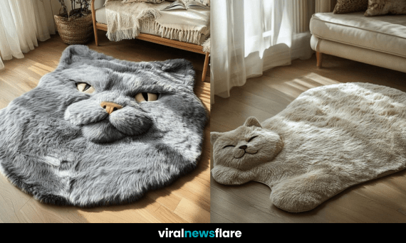 A soft, realistic-looking cat rug in a well-lit living room with elegant decor.