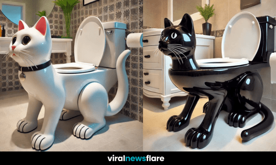 A stylish cat-shaped toilet with a glossy finish, placed in a luxurious bathroom setting.