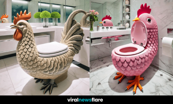 A uniquely designed chicken-themed toilet in a modern bathroom, featuring intricate feather details and a rustic charm.