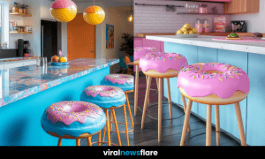 A modern kitchen featuring bright blue doughnut-shaped bar stools with pink icing and sprinkles.