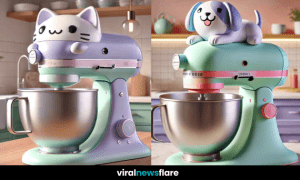 Pastel-coloured kawaii stand mixers featuring cat and dog designs, perfect for stylish and fun baking