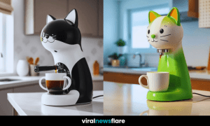 A collection of cat-shaped coffee machines in different colours and styles on a kitchen counter.