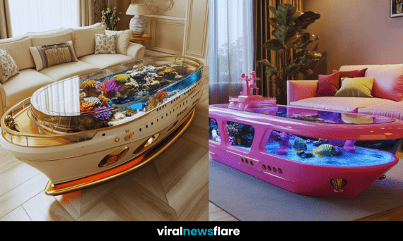 A luxurious yacht-inspired aquarium coffee table in a stylish living room.
