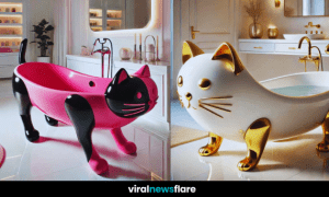 A stunning cat-shaped bath in a high-end modern bathroom with elegant fixtures and soft lighting.