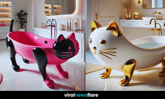 A stunning cat-shaped bath in a high-end modern bathroom with elegant fixtures and soft lighting.