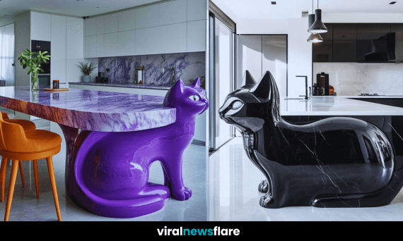 A high-end kitchen featuring a stunning cat-shaped island in a modern home.