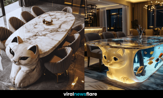 A high-end cat-shaped dining table with intricate sculptural details, blending luxury and artistic design.
