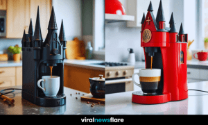 A whimsical castle-themed coffee machine in a stylish kitchen setting.