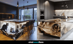 A modern kitchen with a sleek cat-themed island featuring a glossy marble finish.