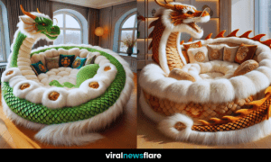 Luxurious dragon-themed circular sofa with intricate detailing, soft fur lining, and exquisite embroidered cushions in a regal setting