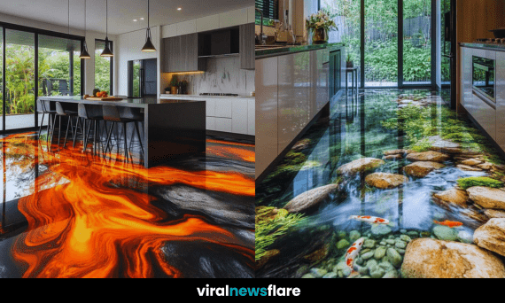 A modern kitchen showcasing various 3D epoxy flooring designs, including ice, lava, ocean, and riverbed illusions.