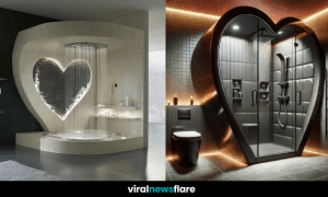 A luxurious heart-shaped shower with elegant lighting and modern design in a stylish bathroom.