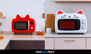 A collection of cute cat-themed microwaves in different colours, adding charm to modern kitchens.