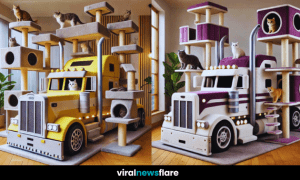 A truck-shaped cat tree with multiple climbing platforms, hideaways, and cats enjoying their new play area.