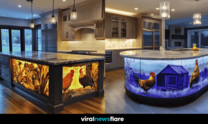 A modern kitchen featuring two stunning island designs with illuminated rooster-themed artwork. The left island showcases a warm-toned farm scene, while the right island displays a cool, blue-toned countryside setting.