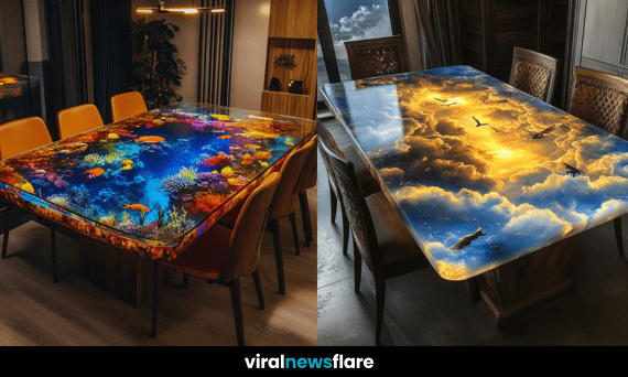 A luxurious epoxy resin dining table featuring a mesmerising 3D design with intricate artistic details.
