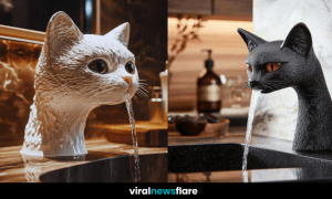 Stylish cat-shaped faucet with water flowing from its mouth, installed in a modern kitchen.