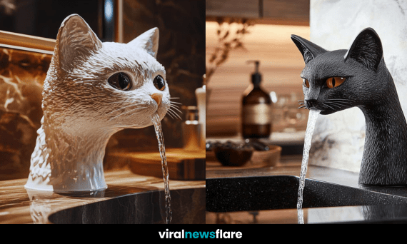 Stylish cat-shaped faucet with water flowing from its mouth, installed in a modern kitchen.