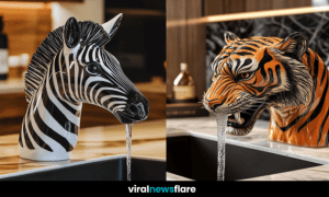 A collection of unique animal-inspired taps including wolf, zebra, giraffe, and tiger designs for home interiors