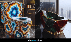 An exquisite gemstone-inspired toilet featuring dazzling crystal formations and gold detailing.