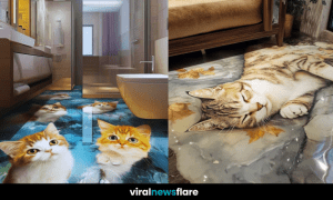 A beautifully designed 3D epoxy floor featuring a lifelike cat image, adding charm and depth to the home.