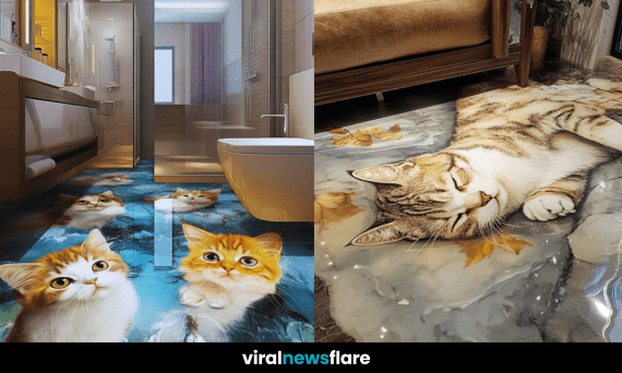 A beautifully designed 3D epoxy floor featuring a lifelike cat image, adding charm and depth to the home.