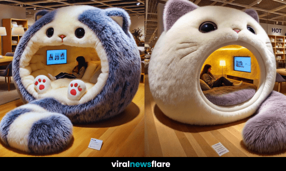 A giant, fluffy cat-shaped lounge pod in a modern home setting, featuring a cosy interior for ultimate comfort