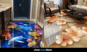 Beautiful 3D epoxy floor featuring intricate artistic designs in a modern home interior.