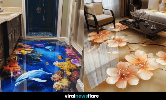 Beautiful 3D epoxy floor featuring intricate artistic designs in a modern home interior.