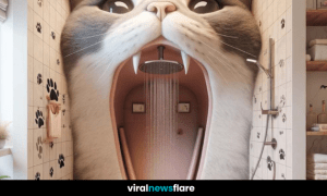 A unique cat-themed shower featuring a large feline face with an open mouth, stylish paw print tiles, and cosy bathroom decor.