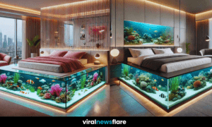 A luxurious bedroom with a stunning aquarium bed, illuminated with LED lighting, featuring vibrant coral and exotic fish.