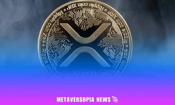 A glowing XRP cryptocurrency coin against a smoky background with a Metaversopia News banner, highlighting market trends and updates.
