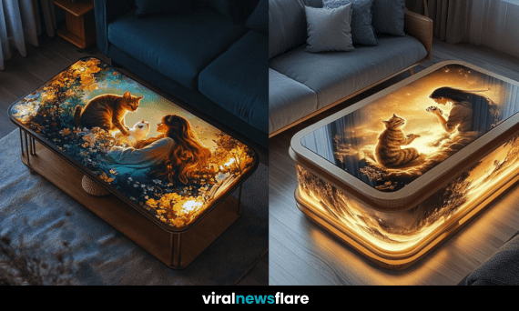 A beautifully designed illuminated coffee table featuring a woman and a cat in an artistic fantasy setting with glowing light.