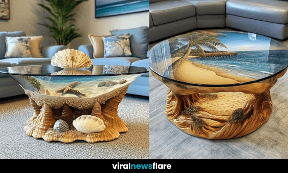 Stunning ocean-inspired coffee table with a glass top, featuring seashells, sand, and resin waves.
