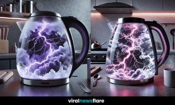 A visually striking glass kettle with a lightning storm effect, producing steam on a modern kitchen countertop.