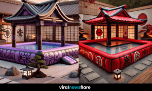 A beautifully designed inflatable pool with a Japanese-style pagoda roof, set in a tranquil Zen garden.