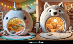 A plush animal-themed bed designed as a snug reading nook with fairy lights and soft cushions.