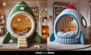 A plush, rocket-shaped bed with a cosy interior, built-in lighting, and space-themed decor in a child's bedroom.