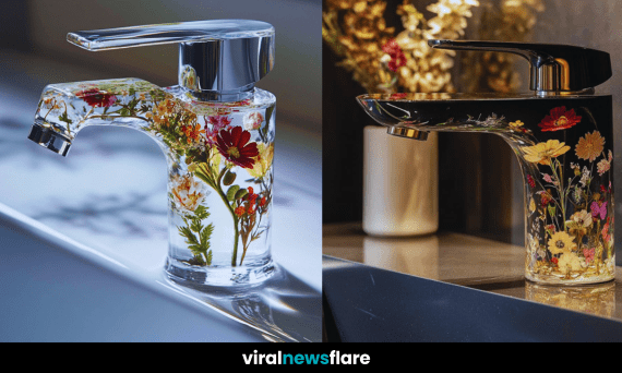 A beautifully crafted transparent glass tap with striking flowers , enhancing any bathroom's aesthetic.