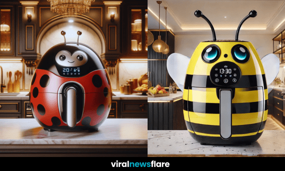 A collection of adorable bug-themed air fryers featuring bee, butterfly, and ladybird designs in stylish kitchens.