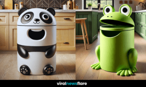 A collection of animal-themed kitchen bins including a frog, panda, cat, and owl in stylish kitchens.
