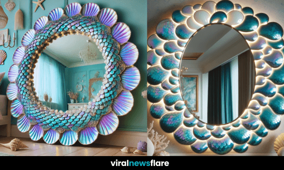 A beautifully designed seashell mirror with glowing LED lights, featuring blue and turquoise iridescent shell details
