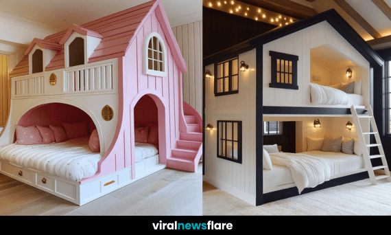 A stunning luxury kids’ bunk bed designed like a playhouse with intricate details and cosy sleeping spaces.