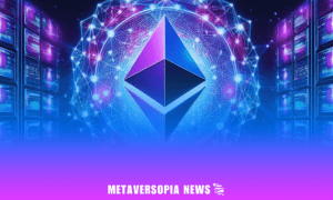 Futuristic Ethereum logo with a glowing digital network background, representing blockchain innovation and decentralised finance, featured on Metaversopia News.