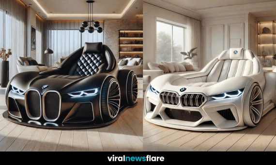 A sleek and stylish BMW-inspired car sofa placed in a contemporary living room with elegant decor.