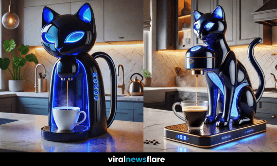 A high-tech, futuristic cat-shaped coffee machine glowing with LED lights in a modern kitchen