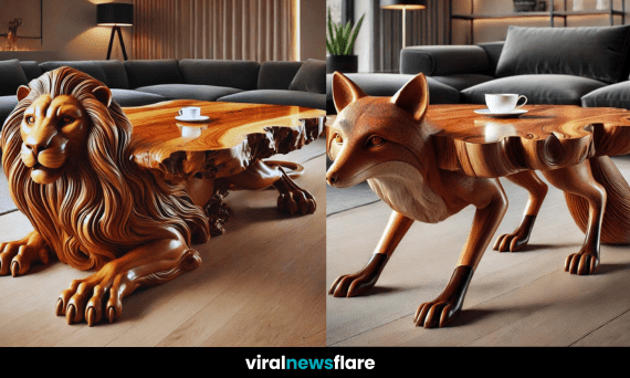 A collection of stunning wooden coffee tables shaped like animals, featuring intricate craftsmanship and natural wood textures.